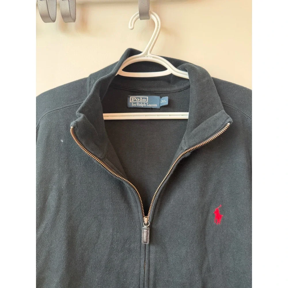 Polo Ralph Lauren Mens XL Black Full Zip Cotton Knit Sweater Red Pony Logo Logo